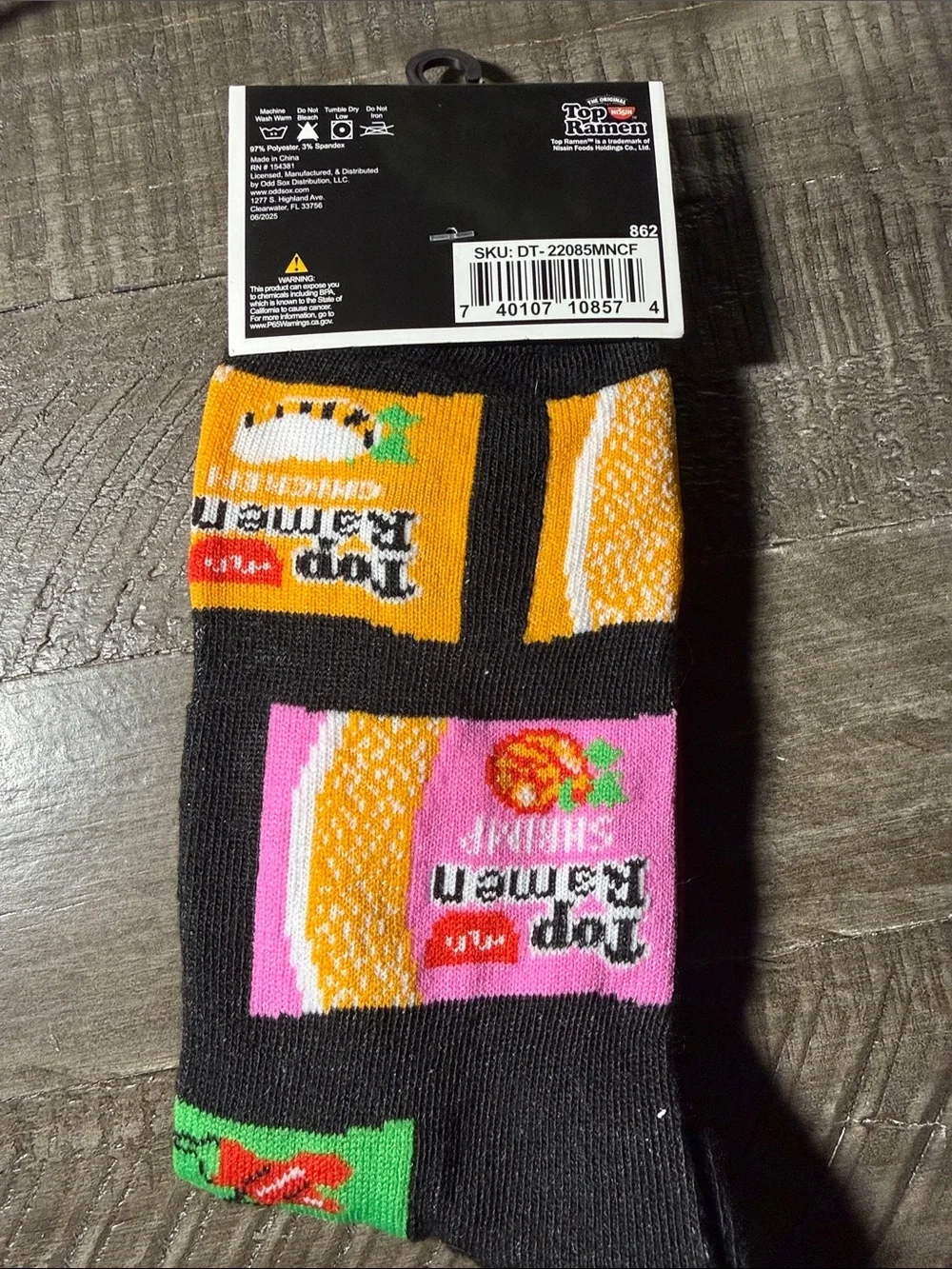 Top Ramen Men's Crew Socks - Black with Red, Yellow & Green Ramen Pack Design